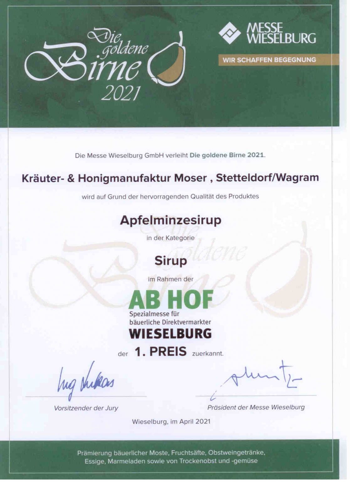 ApfelminzeSirup Kräuter und Honigmanufaktur Moser